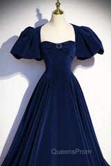 Blue Velvet Floor Length Evening Prom Dress, Elegant Short Sleeve Evening Party Dress