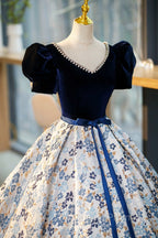 Blue Velvet Floor Length Evening Prom Dress with Short Sleeve, Blue V-Neck Evening Dress
