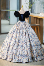 Blue Velvet Floor Length Evening Prom Dress with Short Sleeve, Blue V-Neck Evening Dress