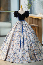 Blue Velvet Floor Length Evening Prom Dress with Short Sleeve, Blue V-Neck Evening Dress