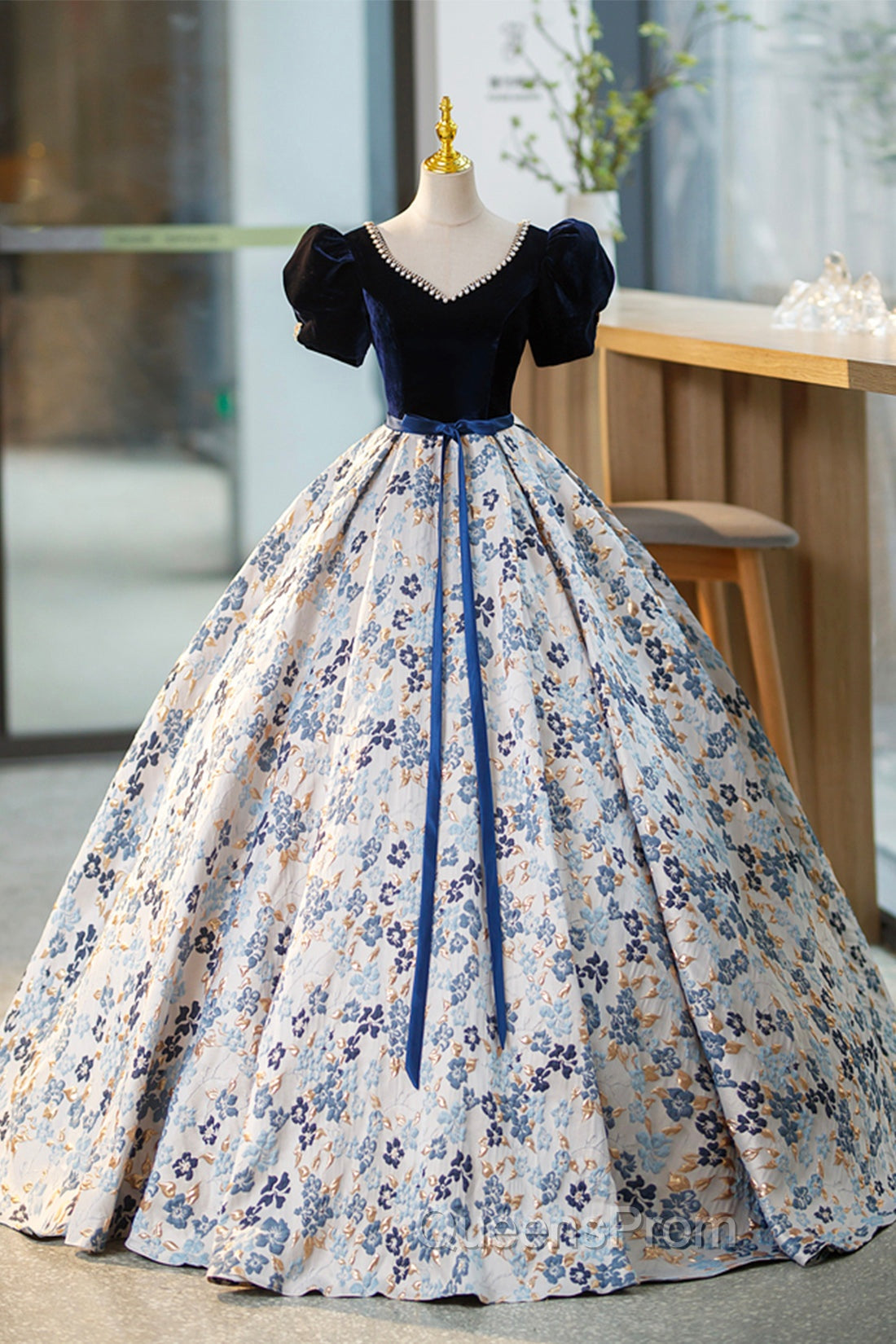 Blue Velvet Floor Length Evening Prom Dress with Short Sleeve, Blue V-Neck Evening Dress