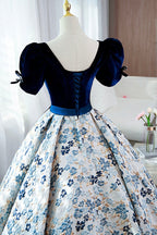 Blue Velvet Floral Long Ball Gown, A-Line Short Sleeve Evening Dress