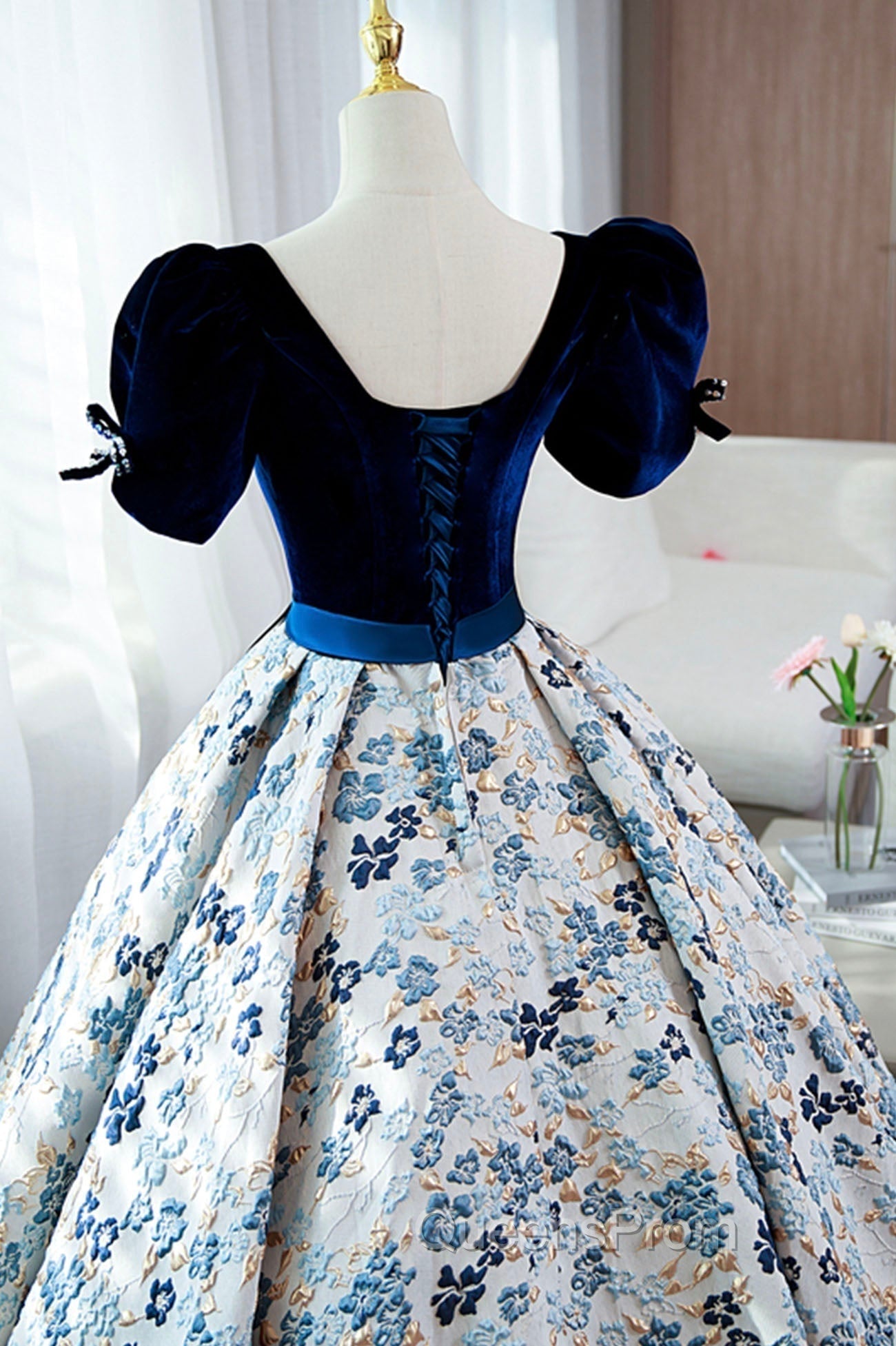 Blue Velvet Floral Long Ball Gown, A-Line Short Sleeve Evening Dress