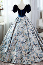 Blue Velvet Floral Long Ball Gown, A-Line Short Sleeve Evening Dress