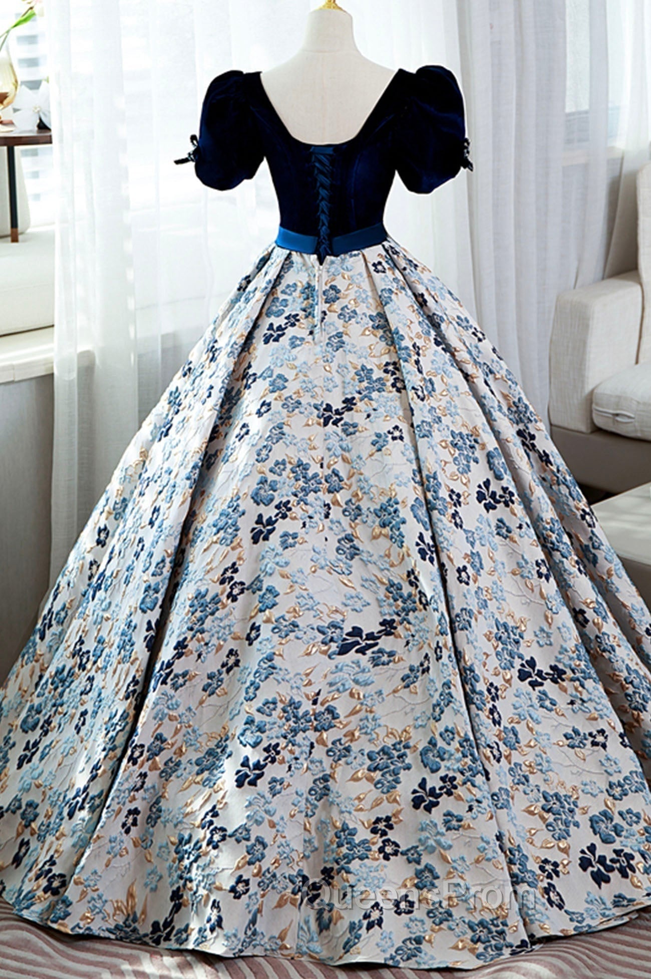 Blue Velvet Floral Long Ball Gown, A-Line Short Sleeve Evening Dress