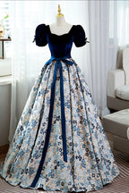 Blue Velvet Floral Long Ball Gown, A-Line Short Sleeve Evening Dress