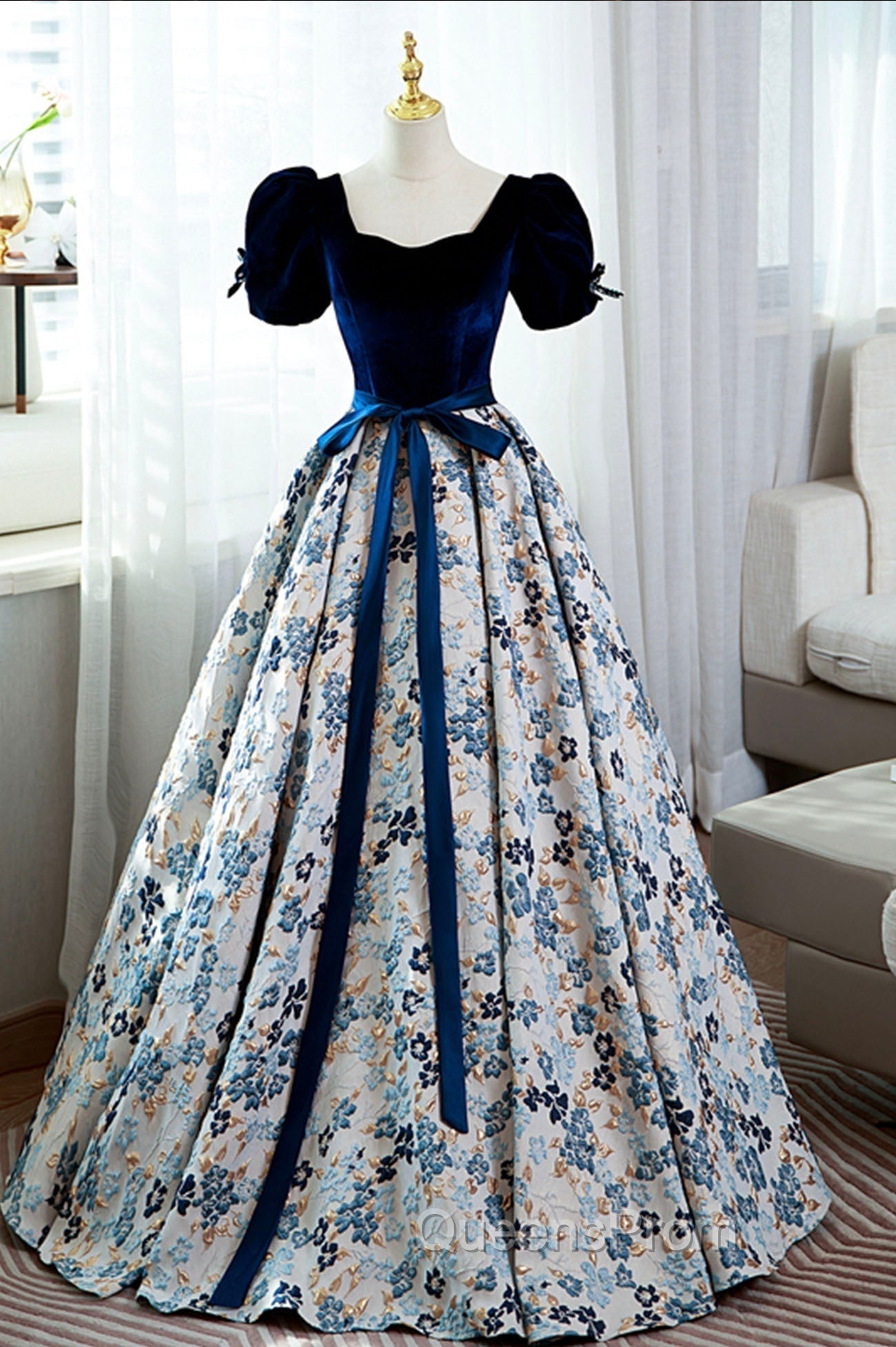 Blue Velvet Floral Long Ball Gown, A-Line Short Sleeve Evening Dress