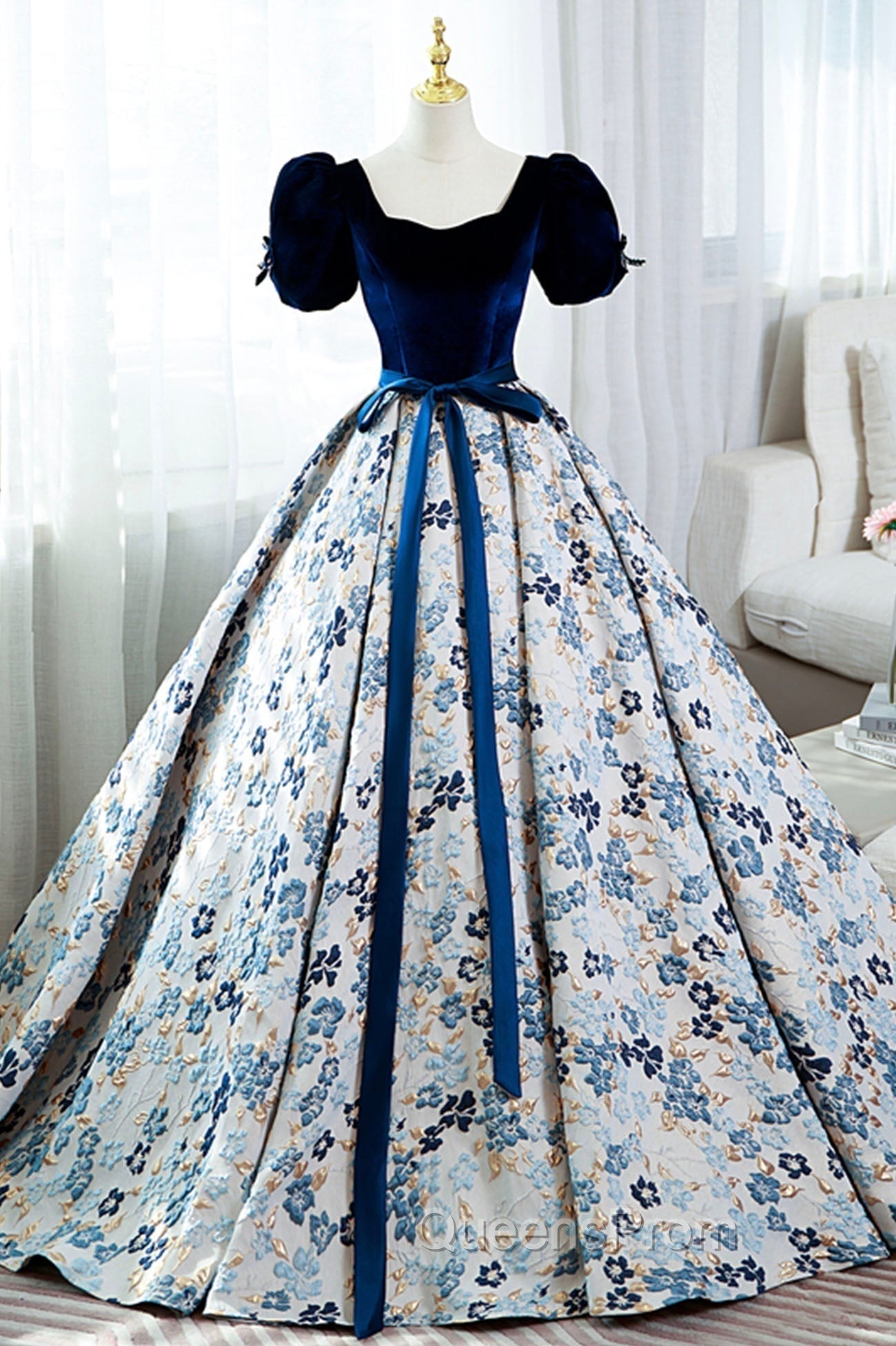 Blue Velvet Floral Long Ball Gown, A-Line Short Sleeve Evening Dress Main image