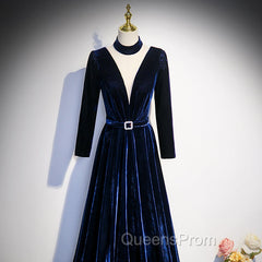 Blue Velvet Long Sleeves Floor Length Wedding Party Dress, Blue Evening Gown