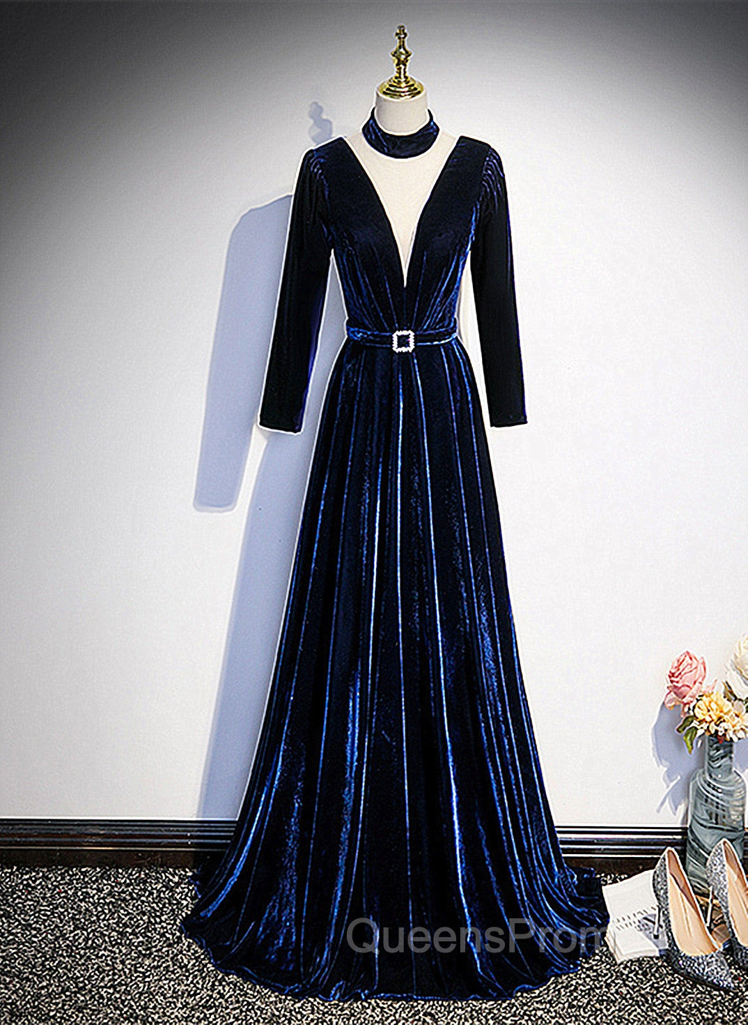 Blue Velvet Long Sleeves Floor Length Wedding Party Dress, Blue Evening Gown Main image