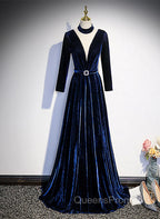 Blue Velvet Long Sleeves Floor Length Wedding Party Dress, Blue Evening Gown