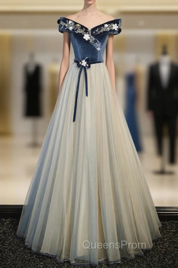 Blue Velvet Off the Shoulder Beading Evening Prom Dress
