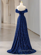 Blue Velvet Sequin Long Evening Prom Dress, Blue Evening Dress