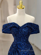 Blue Velvet Sequin Long Evening Prom Dress, Blue Evening Dress