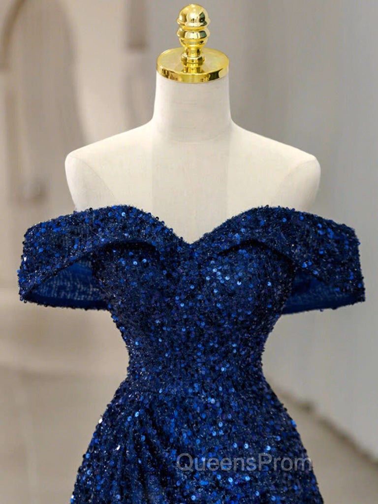 Blue Velvet Sequin Long Evening Prom Dress, Blue Evening Dress