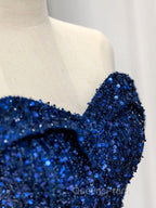 Blue Velvet Sequin Long Evening Prom Dress, Blue Evening Dress