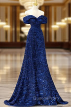 Blue Velvet Sequin Long Evening Prom Dress, Blue Evening Dress