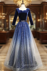 Blue Velvet Sequins Short Sleeve Evening Prom Dress