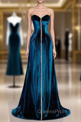 Blue Velvet Strapless Beading Evening Prom Dress