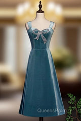 Blue Velvet Straps Beading Tea Length Evening Prom Dress