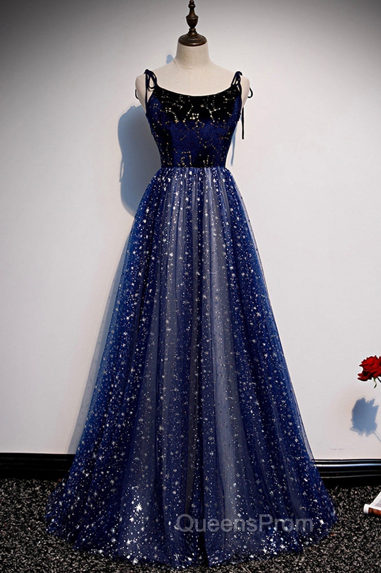Blue Velvet Tulle Long A-Line Evening Prom Dress, Blue Spaghetti Straps Evening Dress Main image