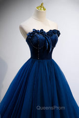 Blue Velvet Tulle Long A-Line Evening Prom Dress, Blue Strapless Evening Dress