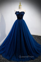Blue Velvet Tulle Long A-Line Evening Prom Dress, Blue Strapless Evening Dress