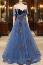 Blue Velvet Tulle Long A-Line Evening Prom Dress, Off the Shoulder Evening Dress