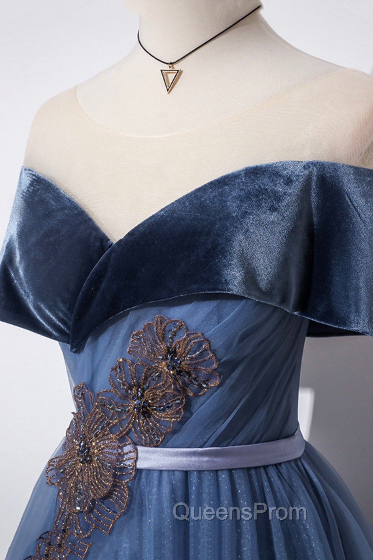 Blue Velvet Tulle Long A-Line Evening Prom Dress, Off the Shoulder Evening Dress