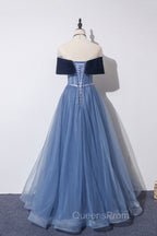 Blue Velvet Tulle Long A-Line Evening Prom Dress, Off the Shoulder Evening Dress