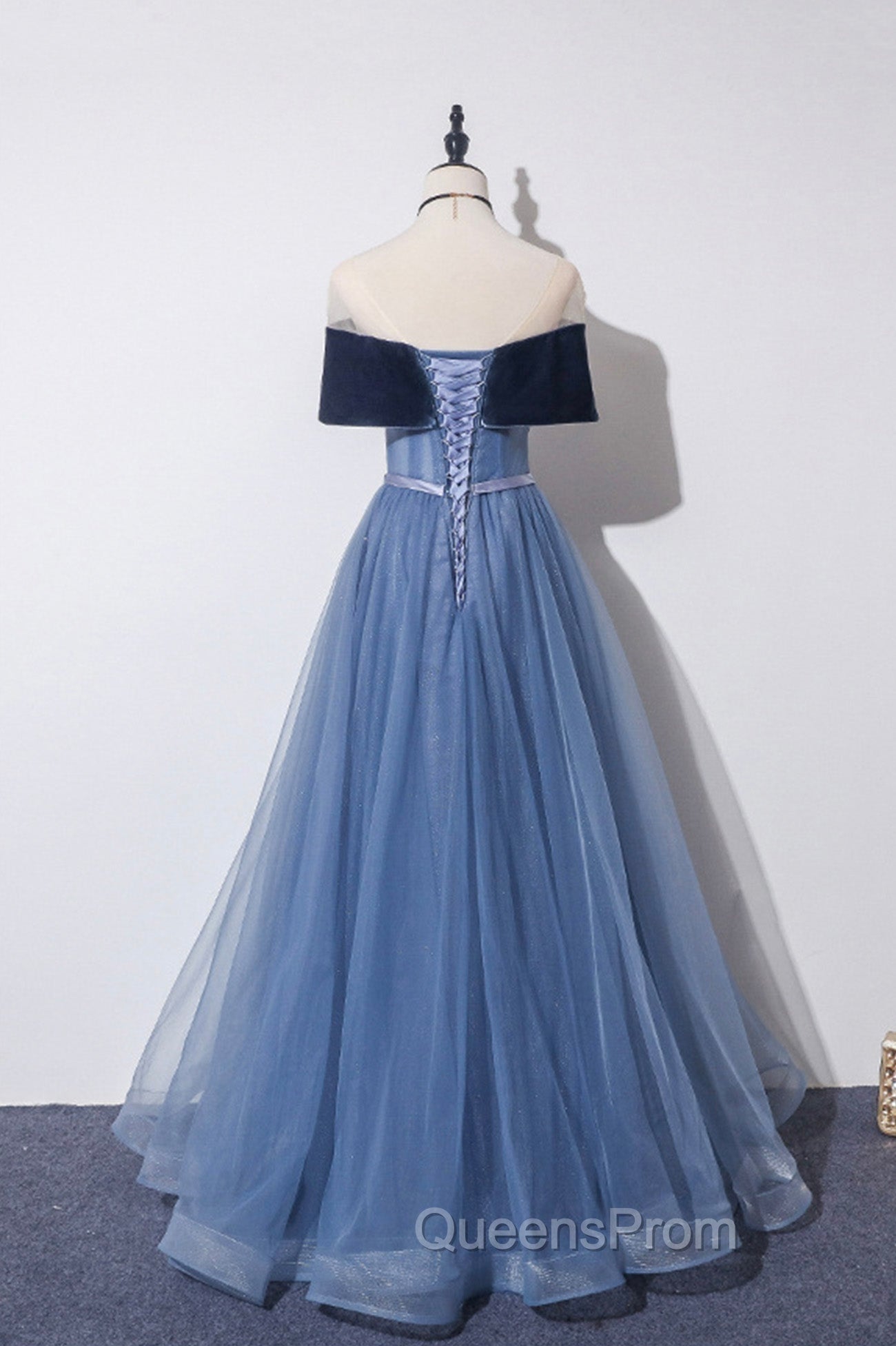 Blue Velvet Tulle Long A-Line Evening Prom Dress, Off the Shoulder Evening Dress