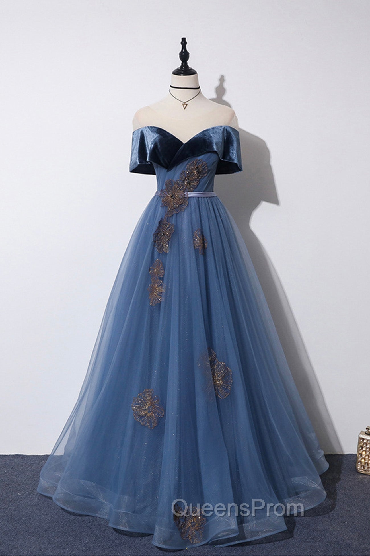 Blue Velvet Tulle Long A-Line Evening Prom Dress, Off the Shoulder Evening Dress Main image