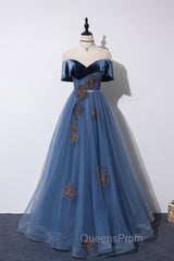 Blue Velvet Tulle Long A-Line Evening Prom Dress, Off the Shoulder Evening Dress