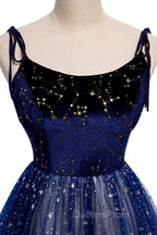 Blue Velvet Tulle Long Evening Prom Dress, A-Line Evening Party Dress