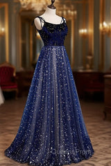 Blue Velvet Tulle Long Evening Prom Dress, A-Line Evening Party Dress