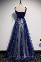 Blue Velvet Tulle Long Evening Prom Dress, A-Line Evening Party Dress