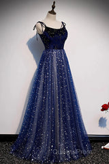 Blue Velvet Tulle Long Evening Prom Dress, Beautiful A-Line Evening Party Dress