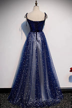 Blue Velvet Tulle Long Evening Prom Dress, Beautiful A-Line Evening Party Dress