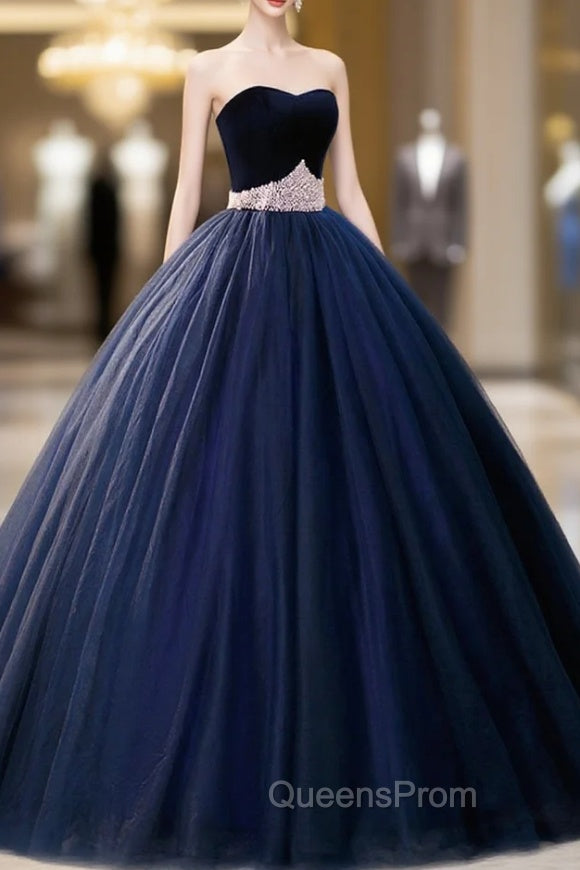Blue Velvet Tulle Long Evening Prom Dress, Blue Evening Party Dress Secondary image