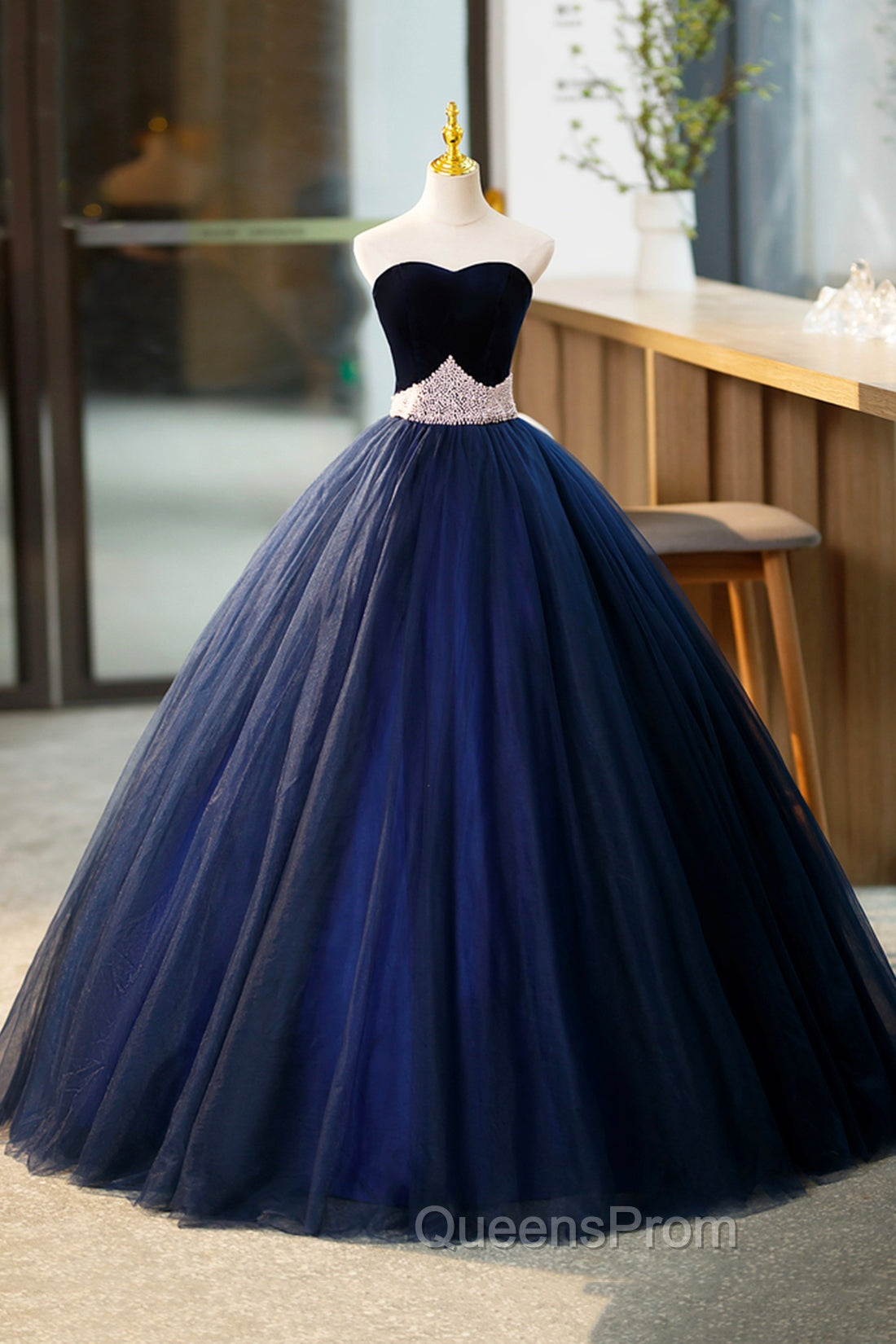 Blue Velvet Tulle Long Evening Prom Dress, Blue Evening Party Dress Main image