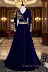 Blue Velvet V-neck Long Sleeve Gold Beading Evening Prom Dress
