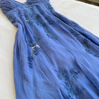 Blue Vintage Elegant V Neck Exquisite Embroidery Applique Beading Long Chiffon Classy Prom Dress Classy Evening Gown Party Dress