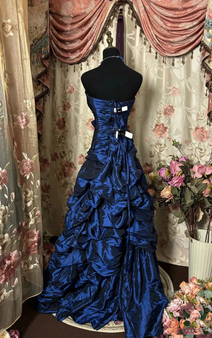 Blue Vintage Rhinestone Embellished Elegant Long Pleated Ball Gown Classy Evening Dress