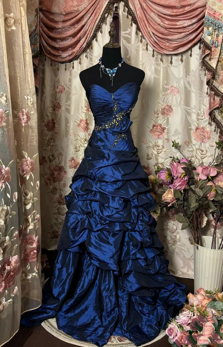 Blue Vintage Rhinestone Embellished Elegant Long Pleated Ball Gown Classy Evening Dress