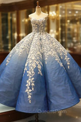Blue White Ball Gown 3D Flower Cap Sleeve Haute Couture Evening Prom Dress