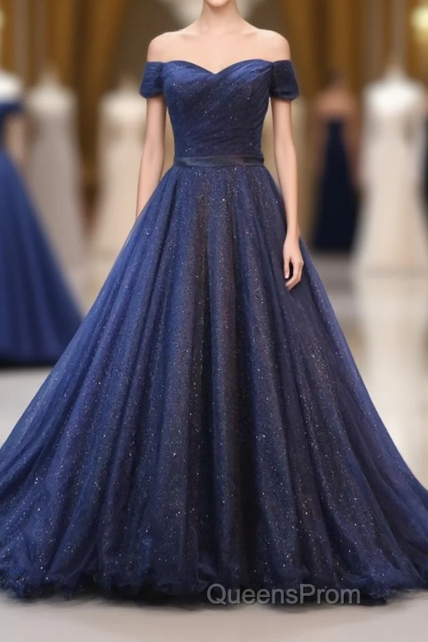 Dark Blue Shining Tulle Long Evening Prom Dress, Evening Dress Main image