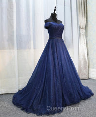 Dark Blue Shining Tulle Long Evening Prom Dress, Evening Dress