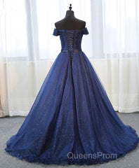 Dark Blue Shining Tulle Long Evening Prom Dress, Evening Dress