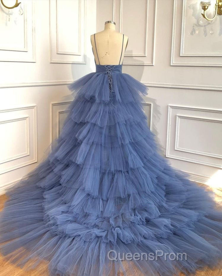 Blue V Neck Tiered Sleeveless Tulle Evening Prom Dress, Gorgeous Long Party Dress Secondary image