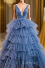 Blue V Neck Tiered Sleeveless Tulle Evening Prom Dress, Gorgeous Long Party Dress